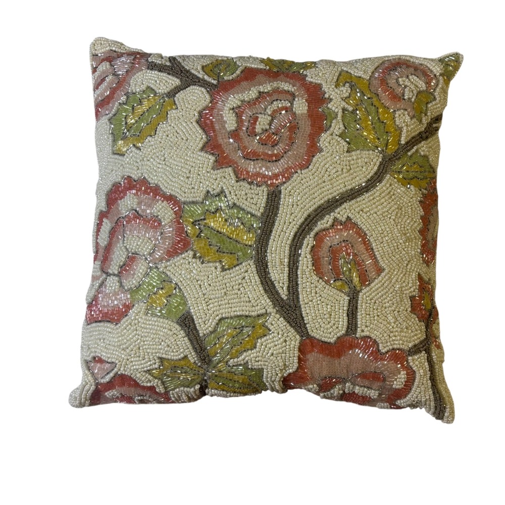 Primrose Vintage Hand Beaded Floral Rose Accent Pillow Cream Pink 12x12 Square
